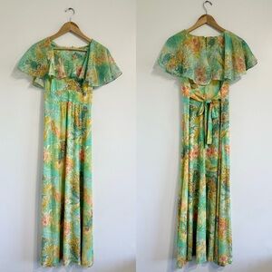 Montgomery Ward vintage ruffle top dress floral tropical bird print maxi